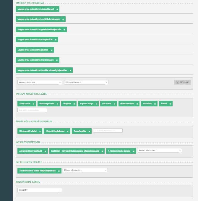 A metaadatok beállítása 2. Tantárgyi kulcsfogalmak, amelyeket egy megadott készletből kell kiválasztani. (Ajánlott öt vagy több elemet kiválasztani a HOZZÁADÁS gomb használatával!