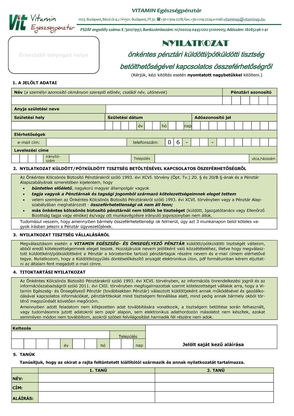 1. számú melléklet Nyilatkozat