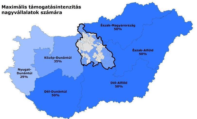 Regionális támogatási térkép 2014-2020 Forrás: TVI A KMR területén, a regionális állami támogatásokról (2014 2020) szóló iránymutatás [C(2013) 3769] alapján a versenyszabályok alá tartozó