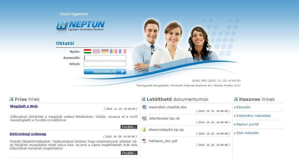 1. Általános funkciók 1.1. Bejelentkezés, belső felület, felületi lehetőségek 1.1.1. Bejelentkezés A Neptun webes felületére lépve egy bejelentkező képernyő jelenik meg, melyen az intézménytől kapott azonosító és a jelszó (valamint a nyelv) kiválasztásával tudunk belépni.