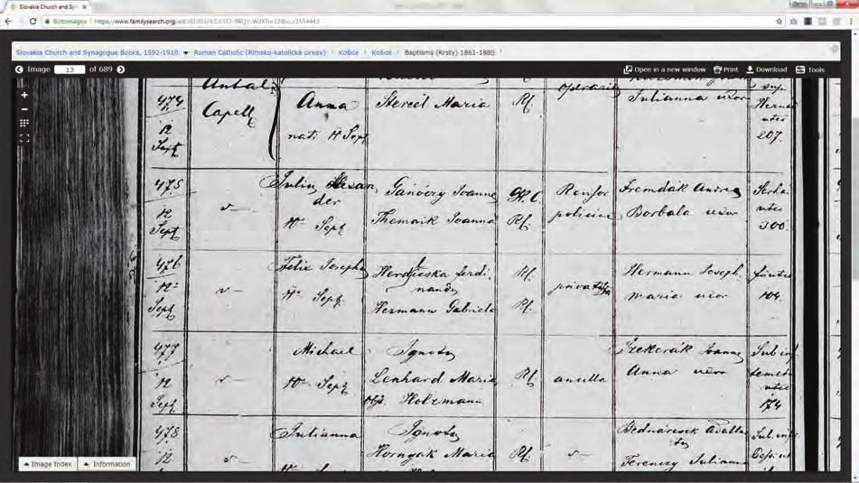 16 Catastrum 4. évfolyam (2017), 3. szám, 14 21. Gánóczy Sándor születési anyakönyvi bejegyzése A FamilySearch oldalán (Kassai római katolikus születési anyakönyv, 1861. szeptember 12. 475. sz.) Az Adatbázisok Online anyakönyvi adatbázisának egyik adatlapja.