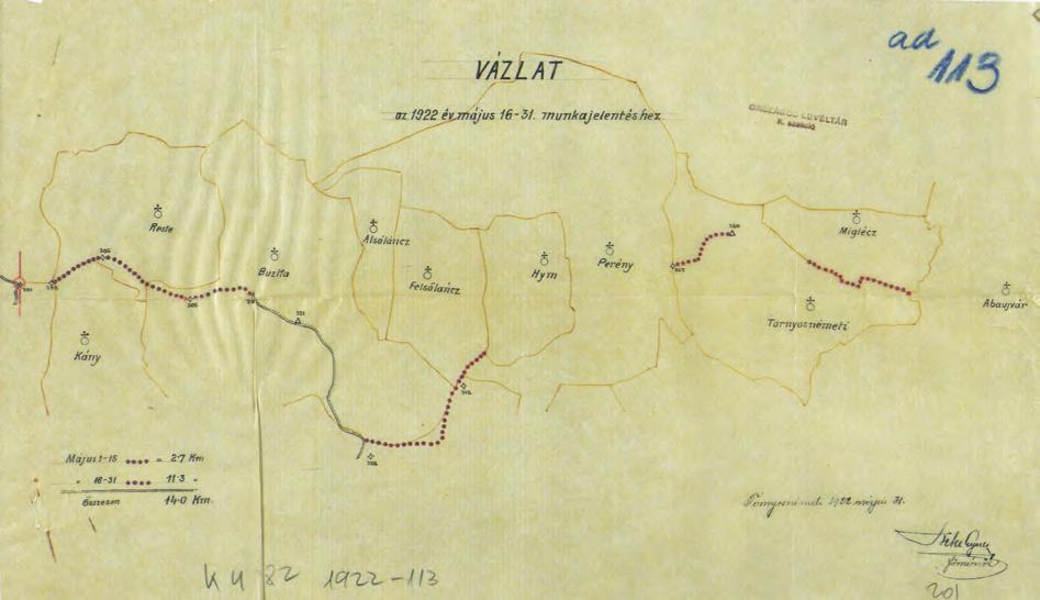 Suba János: Az Állami Földmérés szerepe a trianoni határok kijelölésében, kitűzésében 33 Térképvázlat Beke Gyula munkajelentéséhez, 1922. május 31. (MNL OL, K 482-1922 - 113.