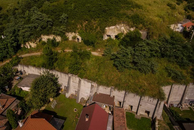 5.4.5 HOMLOKZATOK 5.4.6 SZÍNEK, ANYAGHASZNÁLAT AJÁNLOTT TETŐFEDÉSEK A pincék területét a kő támfalak uralják.