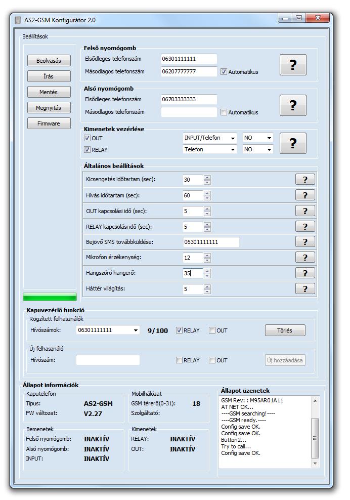 BEÁLLÍTÁS MS WINDOWS PROGRAMMAL A kaputelefon funkcióit (hívószámok, vezérlések) az USB háttértárolóján található programmal lehet beállítani.