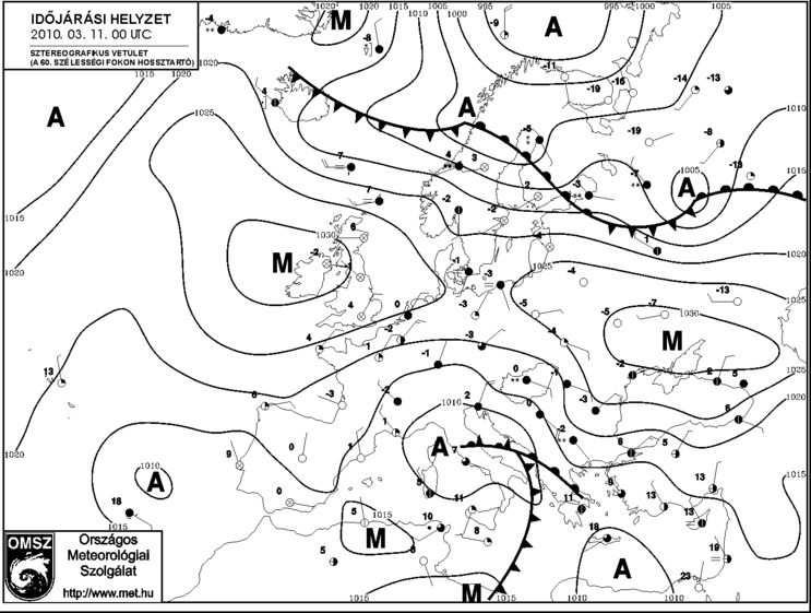 13. ábra. 2010. 03. 11. 00: 00 UTC Európai szinoptikus analízis (http://www.met.hu/omsz.php). Az abszolút topográfiai térképeken (lásd a 14.