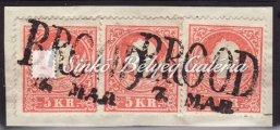 típusú bélyeg,brood Brood vonal bélyegzéssel 150Gp. (YU)/ 1858. Typhography with embossed printing, II. type, 3 pieces of 5kr stamps, with BROOD line cancellation (YU) 150Gp. 1861.02.