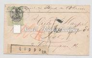 A bélyegen a nyak vonalán látványos piros festék csík van. A hátoldalon 15kr-os illetékbélyeg. / 1862. 01. 28. Long-distance letter. Between HALMI-TECSŐ.