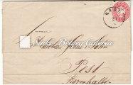 Registered letter with mixed franking between PEST/ABENDS and ESZTERGOM. Franked with a 1861's 10 krajcár stamp and a 1863's 5 krajcár stamp.