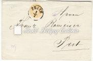 Franked with a 1864's 15 krajcár stamp with 9 1/2 perforation. The wax seal remained completely ﬂawless. Kikiáltási ár: 8.000 Ft 1865.07.07. Helyi levél nyomtatványként feladva Pesthen.
