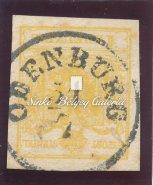 PESTH (üreges) lebélyegzéssel. III. típusú géppapíron. 1-es számjegynél festékhiány. Citromsárga színű. / 1850. Typography 1kr. stamp.