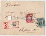 Registered long-distance letter. Between MÁRAMAROS-SÓFALVA-FERTŐ SZT. MIKLÓS. With 5kr. postal stationery envelope. Franked with black-numbered 10kr. stamp. 1891.04.
