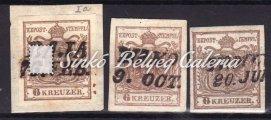 (80 Gp) Összefüggő csík. Karton papír 0.13mm. / 1850. Typography 3kr. stamp. With SZATHMÁR cancellation. On type III.