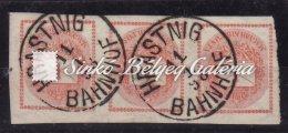 Newspaper stamp, 1 kr. with 1. A watermark, orange colored, triple in coherent, with Hrastnig/Bahnhof Austrian railway cancellation. 1889.