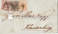 3x1 kr stamps. The stamps are in coherent line. With spectacular plate ﬂaws. 1853.06.22. III. zónás távolsági levél. PESTH-WIEN 54. tétel Kikiáltási ár: 8.000 Ft 1853.04.13. Távolsági levél.