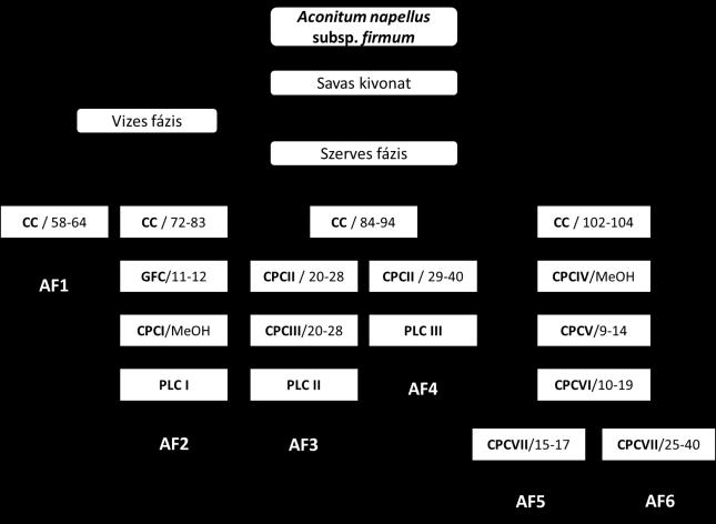 1. ábra Alkaloidok izolálása az A. napellus subsp. firmumból Az izolált vegyületek azonosítása NMR spektroszkópiával történt.