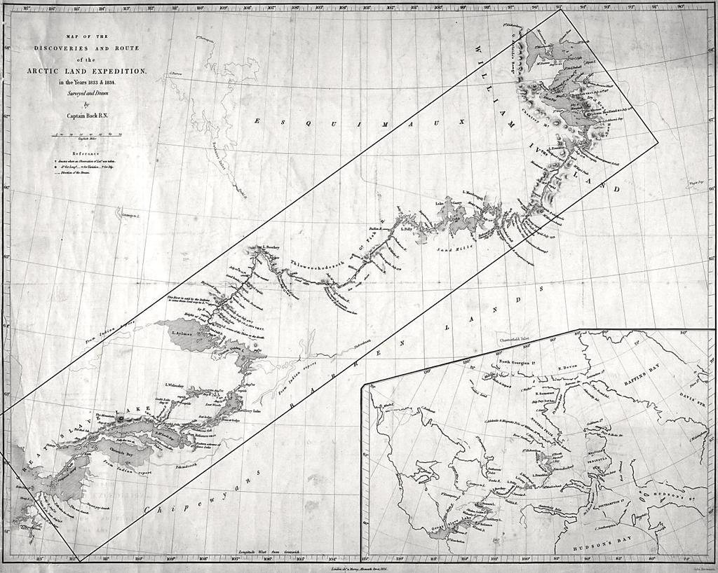 A Back-expedíció térképe. Back 1834. június 7-én indult útnak és 28-án érte el a kopár területen észak-keletnek tartó folyót, majd július 28-án a tengert.