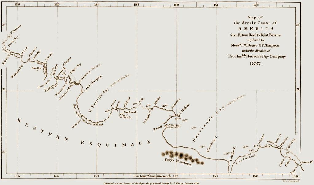 A Dease-Simpson expedíció útvonala (fent és a túloldalon) és Thomas Simpson portréja. Télre visszatértek a Nagy Medve-tóhoz, 1839.