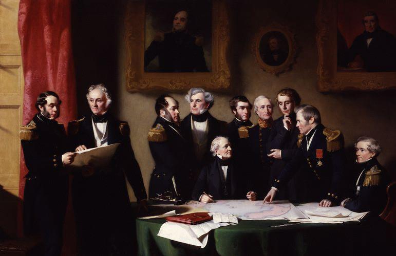 Az Arktiszi Tanács (Arctic Council) a Sir John Franklin utáni keresést tervezi Stephen Pearce festménye (1851).