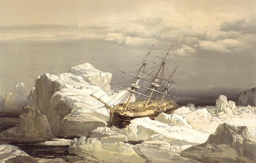 Az összetorlódó jég által felemelt és összeroppantott INVESTIGATOR. (Samuel Gurney Cresswell, 1827-1867, festménye). A második áttelelés során, 1852.