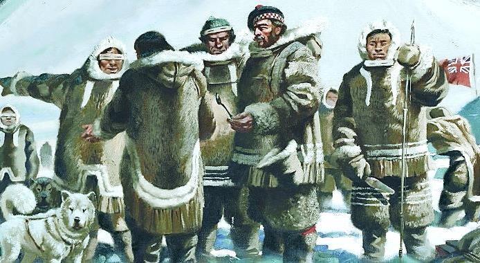 John Rae a relikviákat felajánló eszkimók között. Mivel csak két társa volt az úton, úgy döntött, hogy visszafordul.