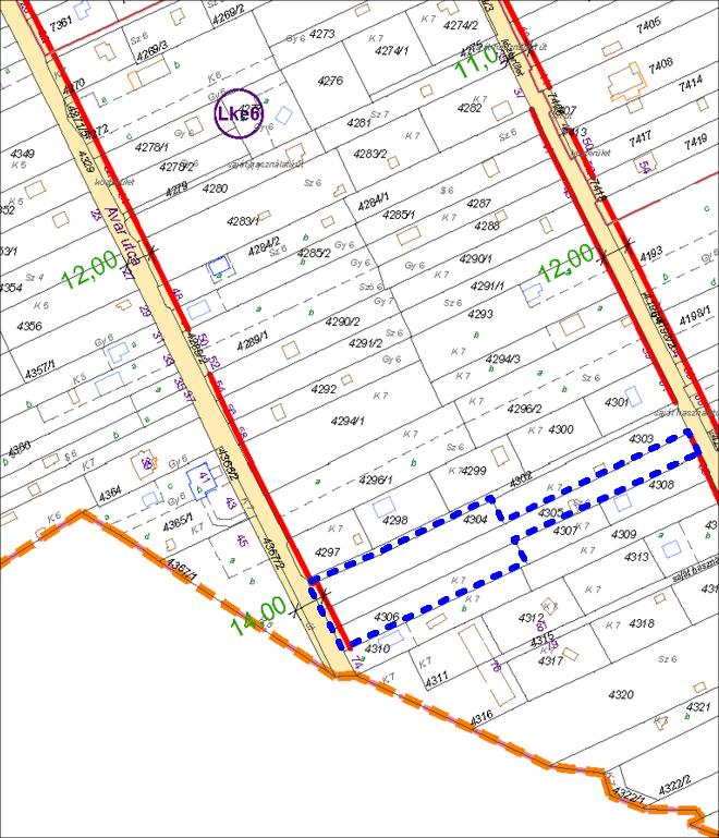 Az Avar utca az adott telkek előtt 12 m-ről 14 m-re szélesedik ki, hogy biztosítsa a járművek megfordulásához szükséges területet, azonban ezzel a magántelkek területéből szükséges elvonni területet.