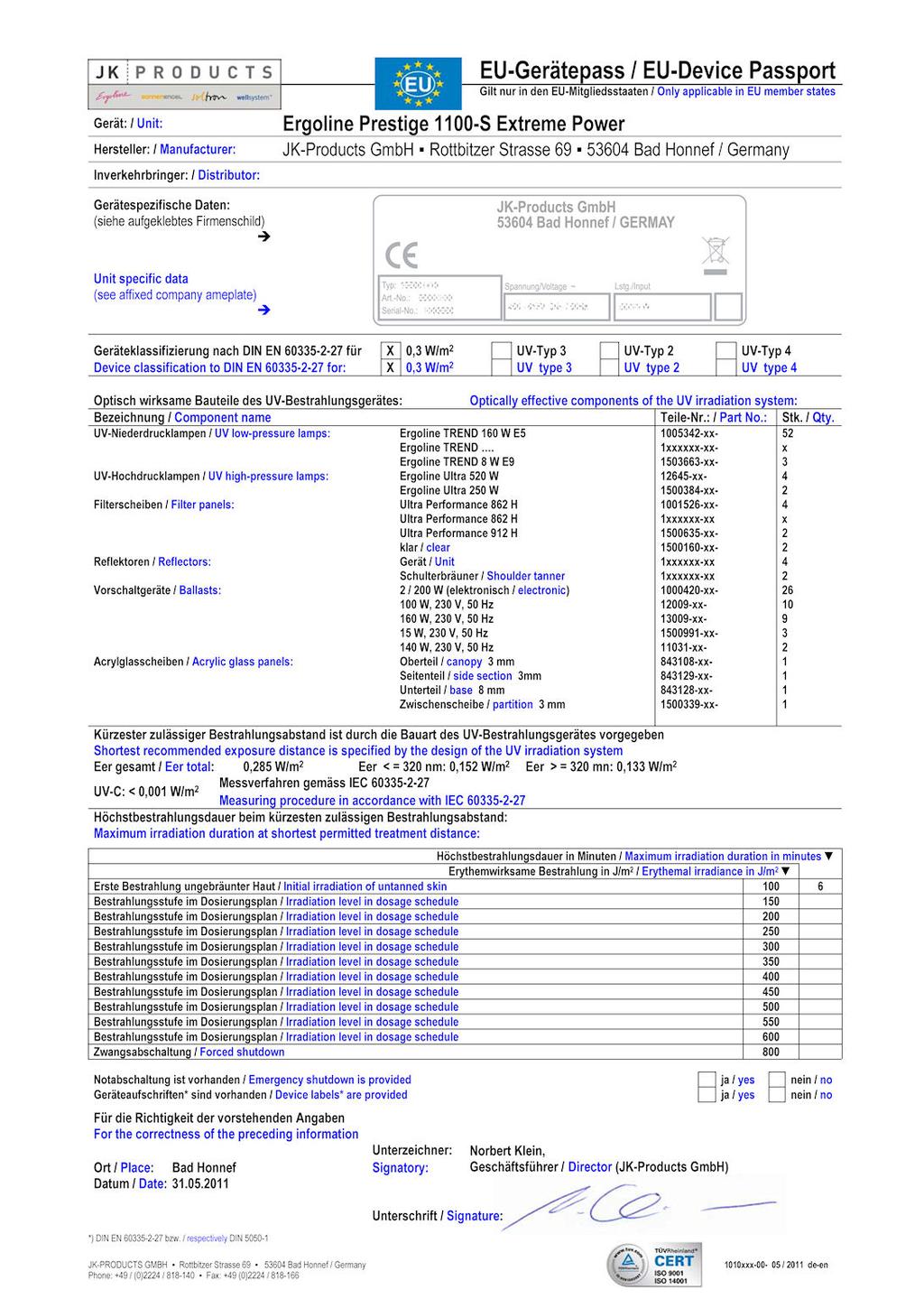 Gépkönyv Készülék-törzsadatok Gyártó: Berendezés / megnevezés: JK-Products GmbH Köhlershohner Straße 53578 Windhagen, Germany Rendeltetés: Vásárlás éve (vásárlási dátum): Üzemen kívül helyezés