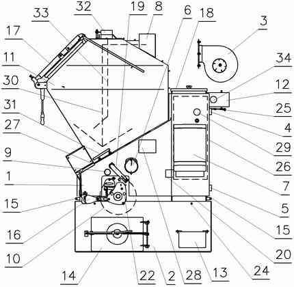 1. A kazán leírása A CARBOROBOT 40 BIO kazán jellegrajza 1. Kazántest 2. Salakláda 3. Ventilátor 4. Előremenő fűtővíz 5. Visszatérő fűtővíz 6. Kémlelő-tisztítónyílás 7. Vezérlések 8.