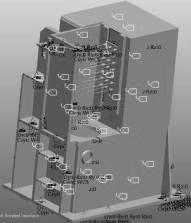képlékeny állapotba kerül. Az alábbi ábrák a geometriai (6. ábra) és a szilárdságtani (7. ábra) modelleket mutatják. A geometriai modell ábráján a referencia pontok helyzetét is feltüntetjük.