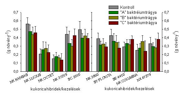 4. ábra: A Syngenta nemesítőházból származó kukorica hibridek hajtásának tömege (g növény -1 ) n=9± S.D.