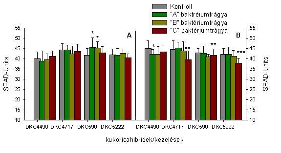 baktériumtrágya kezelések hatására nőtt szignifikánsan. A harmadik levelében az C baktériumtrágyánál tapasztalható szignifikáns csökkenés. 10. A és B.