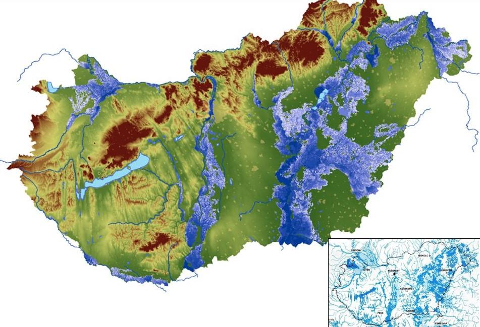 10. ábra: Árvízveszélyes területek hazánkban [36] Ráadásul a klímaváltozás következtében már nem csak közepes és nagy folyóink környékét fenyegeti az árvízveszély, hanem a hirtelen fellépő és gyakori