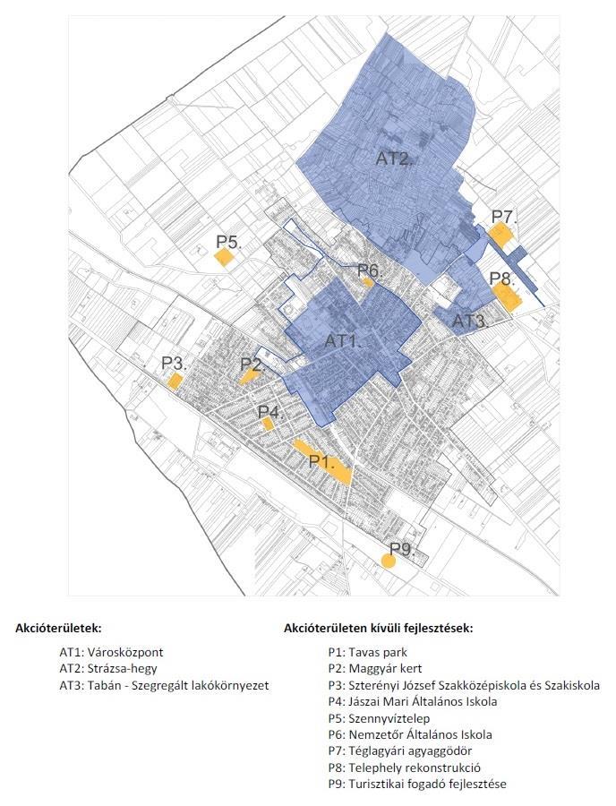 MONOR VÁROS TELEPÜLÉSFEJLESZTÉSI KONCEPCIÓ MEGALAPOZÓ VIZSGÁLAT A stratégia készítése során három akcióterület, kilenc akcióterületen kívüli pontszerű fejlesztési terület, öt hálózatos projektcsomag