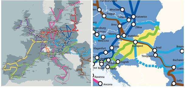 G7. ábra: A három európai törzshálózati folyosó metszéspontjában Forrás: http://ec.europa.eu/transport/themes/infrastructure/ten-t-guidelines/corridors/maps_en.