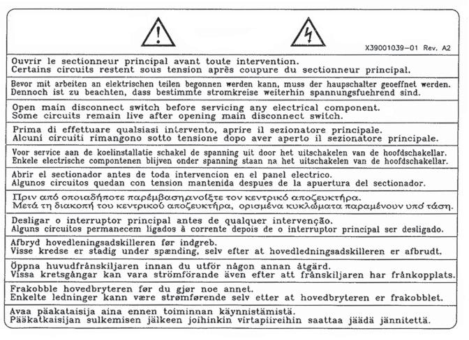 Elektromos telepítés Általános ajánlások FIGYELMEZTETÉS A 6. ábrán látható Figyelem címke található meg a berendezésen és látható a kapcsolási ábrákon és vázlatokon.