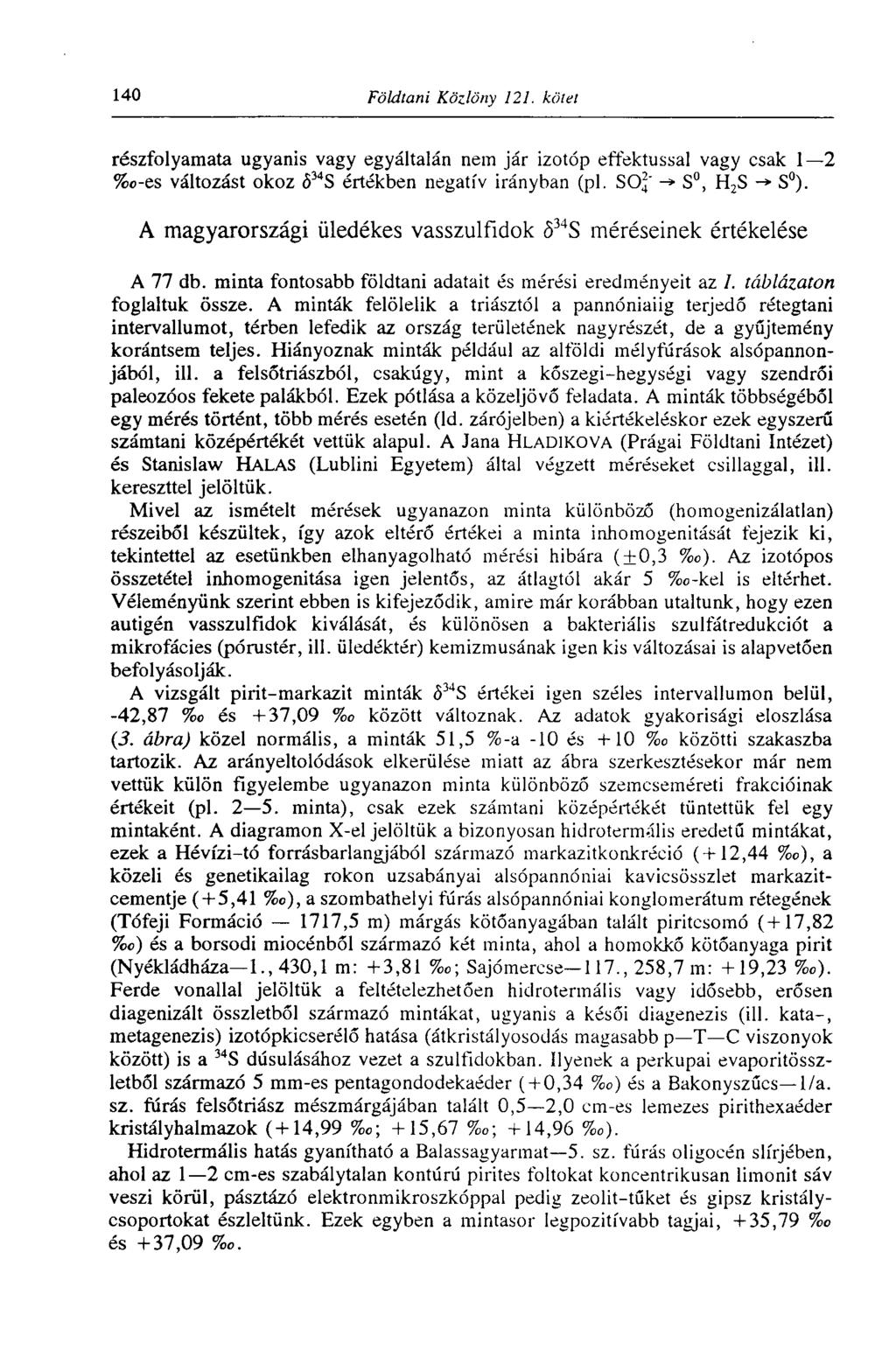 140 Földtani Közlöny 121. kötet részfolyamata ugyanis vagy egyáltalán nem jár izotóp effektussal vagy csak 1 2 %o-es változást okoz <5 34 S értékben negatív irányban (pl. SOj' -» S, H 2S -» S ).