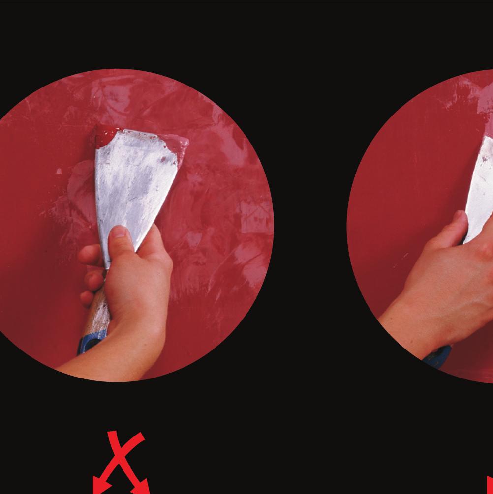 1 óra száradás után vihető fel. Különböző színekből álló márványfelület készítésénél a rozsdamentes acél spatula sarkaira helyezzünk el a két színárnyalatból kis mennyiséget.