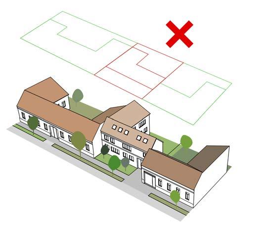 A zártsorú földszintes házak között épülő magasabb beépítéseknél is az utcavonalra kell az épületet építeni.
