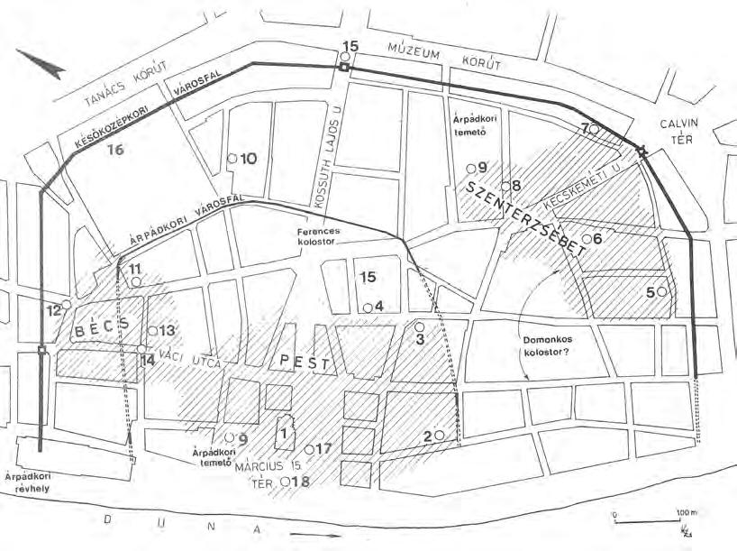 IRÁSNÉ MELIS KATALIN 11. kép Budapest V. Belváros. 1241 előtti épületek és régészeti leletek, 1817-1997. Pest: 1. Boldogasszony templom; 2-4. 15. 18. házak; 9. temetők; 17. tornyos ház; Bécs: 4.