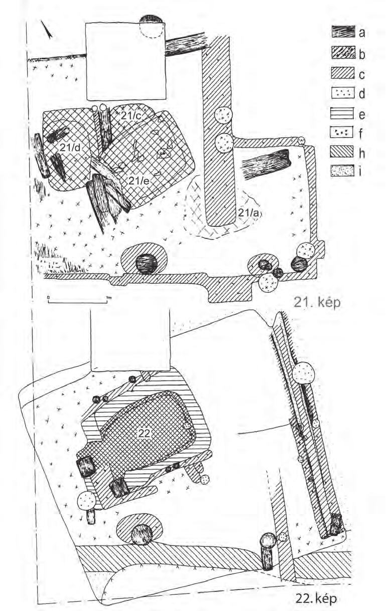 IRÁSNÉ MELIS KATALIN 21. kép Budapest V. Károly körút 28-30. Kovácsműhely maradványai, 13. század; a. faszén, b. faszenes patics, c. agyagfal helye, d. homok, e.