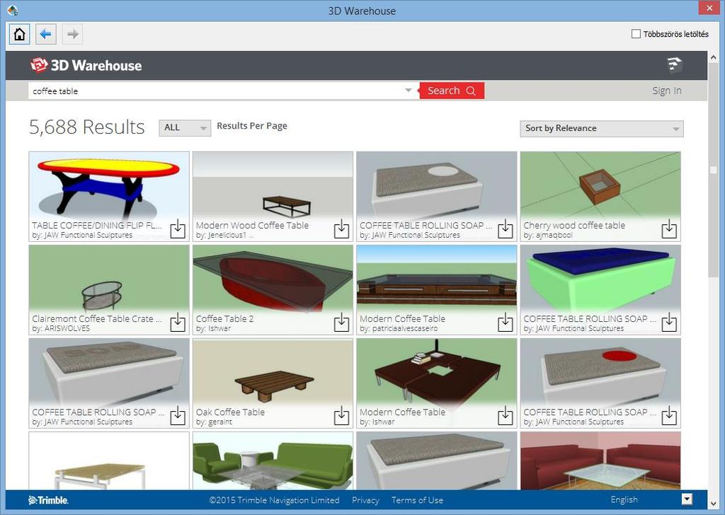 A 3D Warehouse elemek keresője pillanatok alatt átnézi az adatbázisában található összes objektumot és azokat, amelyekre igaz a megadott table kereső kifejezés, sorba rendezi és felkínálja.