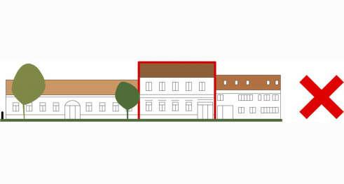 35 Településközpont, zárt sorú, félig zártsorú beépítés: A környezetéből erősen kiugró épületmagasság nem ajánlott.