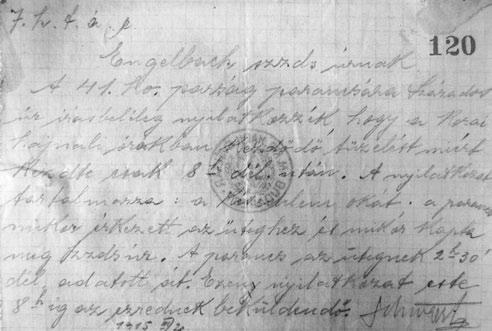 Veszprémi Szemle könyvek 11 17. sz.: Igazoló jelentés kérése a késedelmes tűzmegnyitásról 7. h. t. á. e. (7. honvéd tábori ágyús ezred) Engelbach százados úrnak A 41.