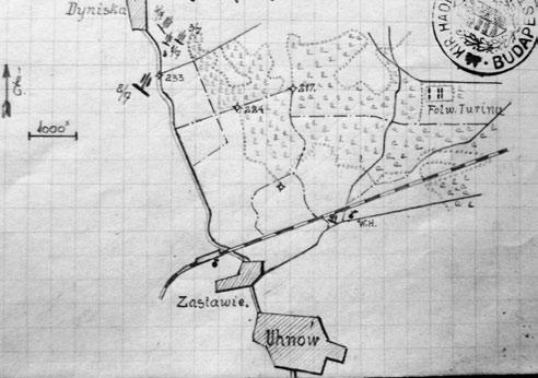 III. AZ OROSZ HARCTÉREN (1914) Az ütegek elhelyezkedése Dyniska mellett. Forrás: HM HL II. 1000 m. kir. 7. honv.