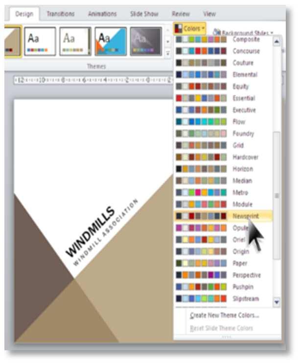 42. ábra Színséma választása Microsoft PowerPoint 2010 (fent) és 2013-ban (lent) A PowerPoint színsémái 8 színt