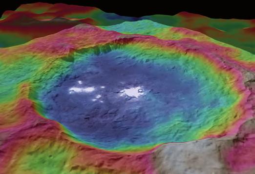 NASA/JPL-Caltech/UCLA/MPS/DLR/IDA) A 90 km átmérőjű Occator kráter domborzati térképe (a színek a