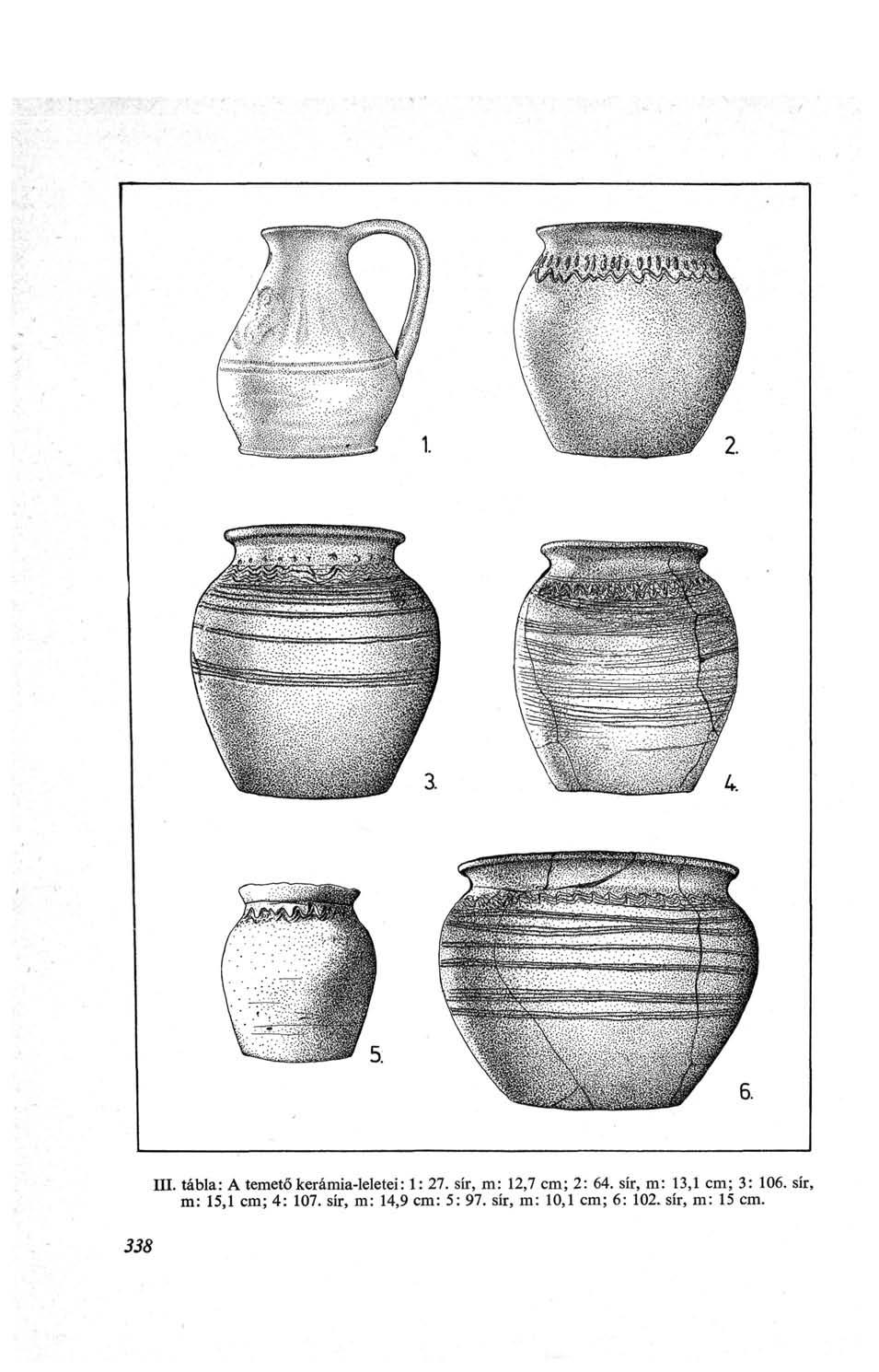 338 III. tábla: A temető kerámia-leletei : 1: 27. sír, m: 12,7 cm; 2: 64.