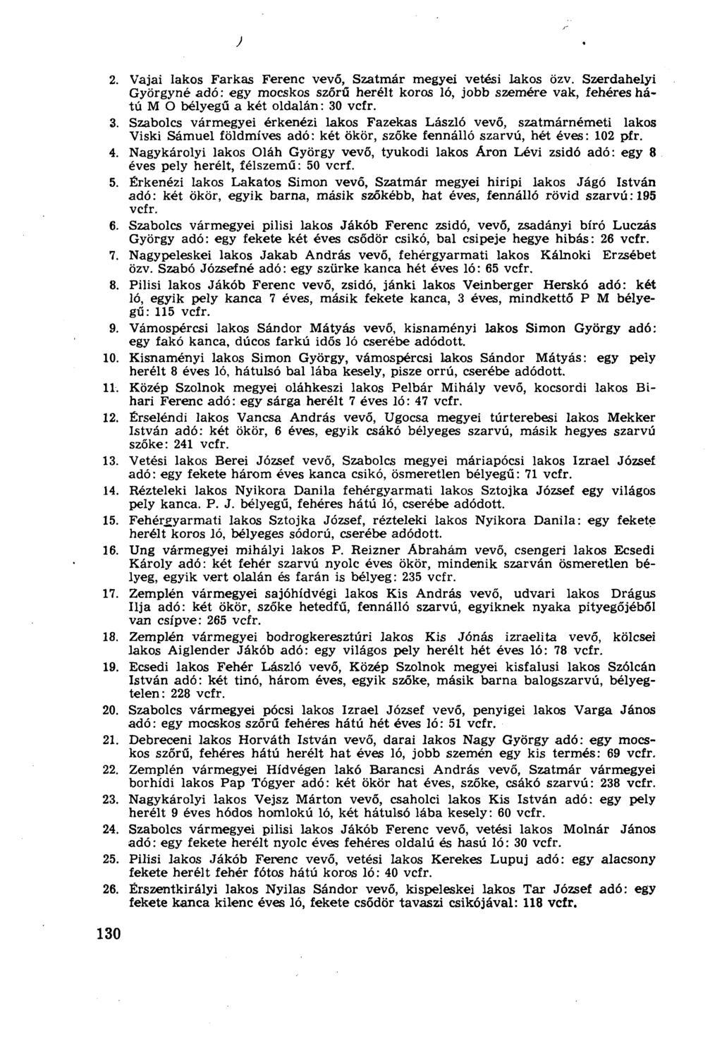 ) 2. Vajai lakos Farkas Ferenc vevő, Szatmár megyei vetési lakos özv. Szerdahelyi Györgyné adó: egy mocskos szőrű herélt koros ló, jobb szemére vak, fehéres hátú M О bélyegű a két oldalán: 30