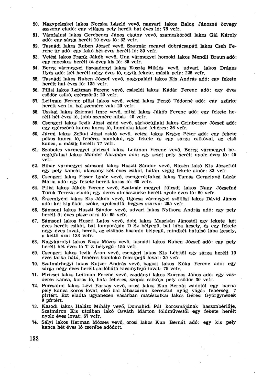 50. Nagypeleskei lakos Nocska László vevő, nagyari lakos Balog Jánosné özvegy asszony eladó: egy világos pely herélt hat éves ló: 78 vcfr. 51.