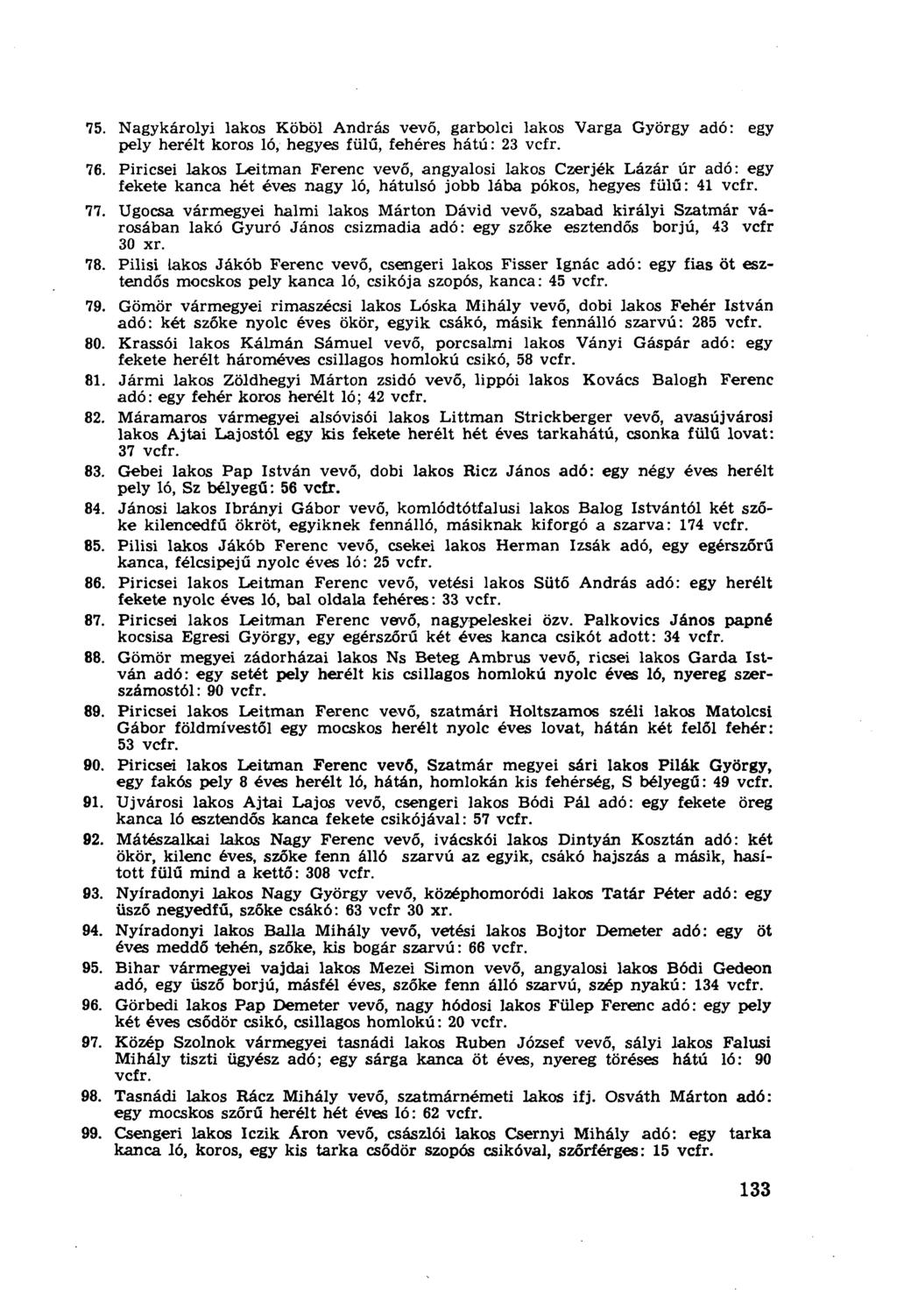 75. Nagykárolyi lakos Köböl András vevő, garbolci lakos Varga György adó: egy pely herélt koros ló, hegyes fülű, fehéres hátú: 23 vcfr. 76.