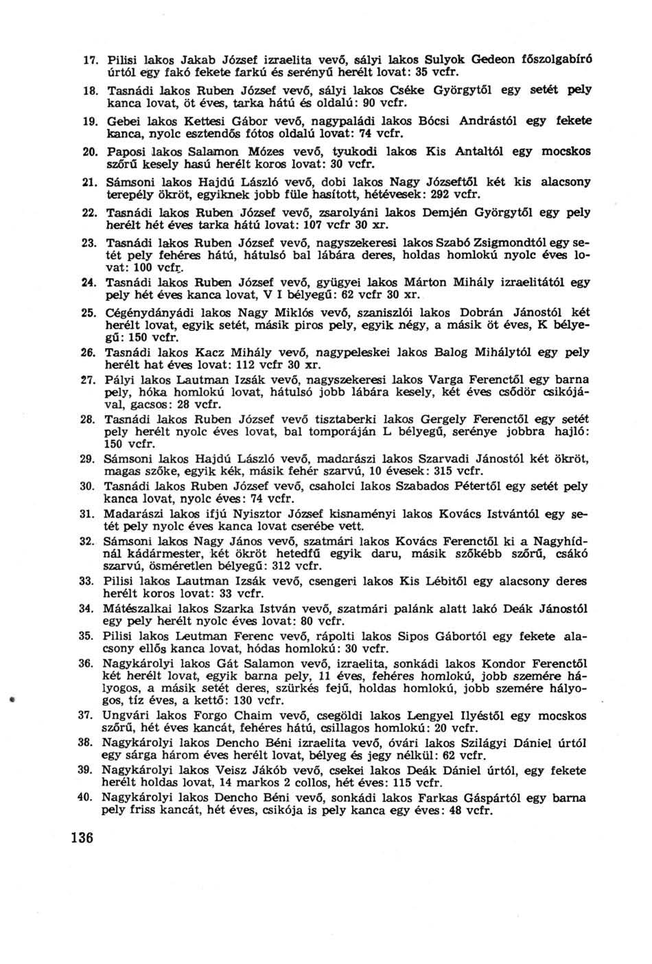 17. Pilisi lakos Jakab József izraelita vevő, sályi lakos Sulyok Gedeon főszolgabíró úrtól egy fakó fekete farkú és serényű herélt lovat: 35 vcfr. 18.